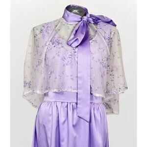 Vintage 70s Handmade Maxi Lilac M Evening Gown Floral Chiffon Flutter Caplet